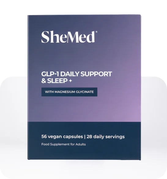 SheMed Programme Support & Sleep supplement box with magnesium glycinate, containing 56 vegan capsules for 28 daily servings.