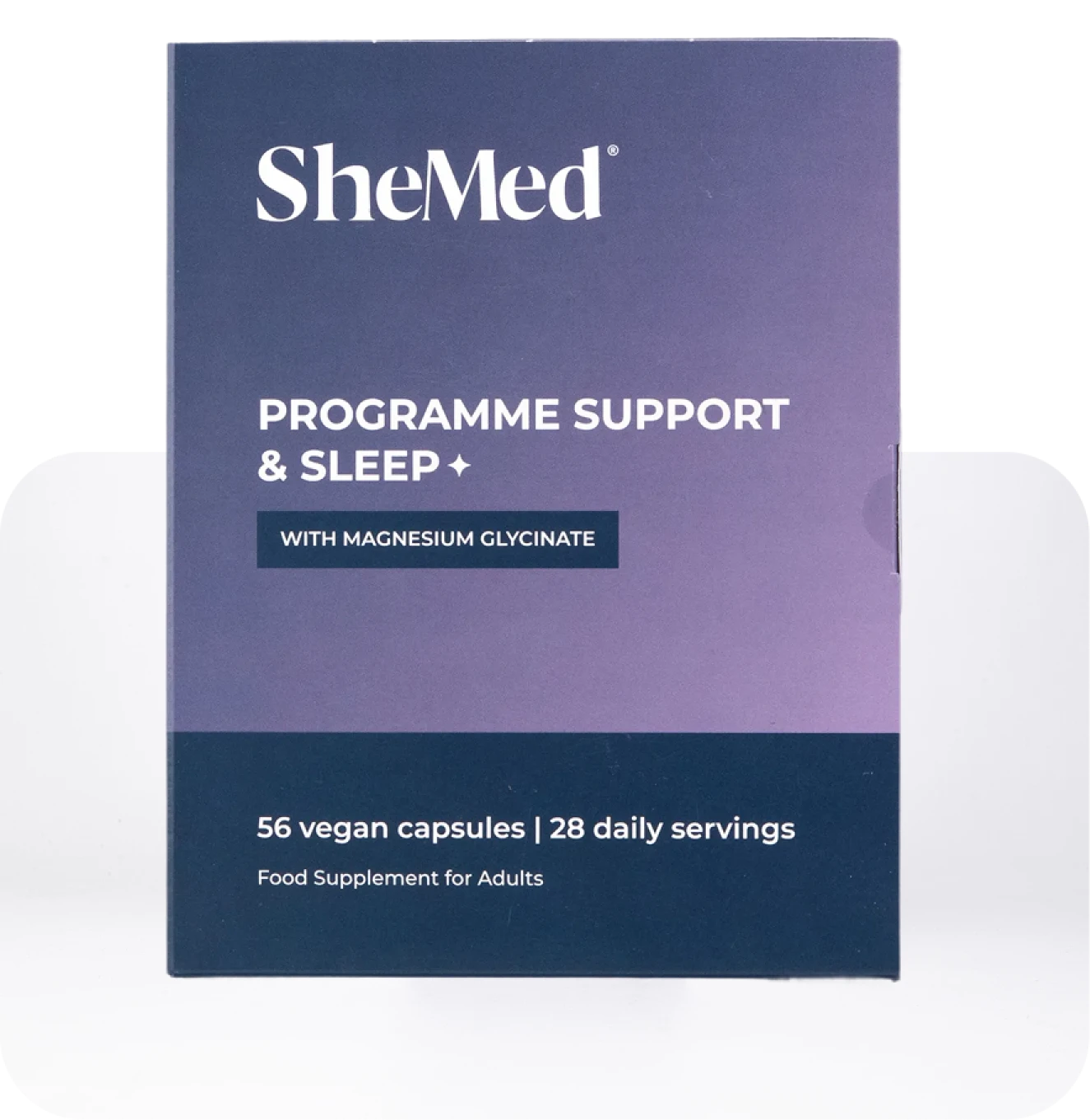 SheMed Programme Support & Sleep supplement box with magnesium glycinate, containing 56 vegan capsules for 28 daily servings.