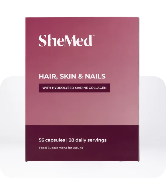 SheMed Hair, Skin & Nails supplement box with hydrolysed marine collagen, containing 56 capsules for 28 daily servings.