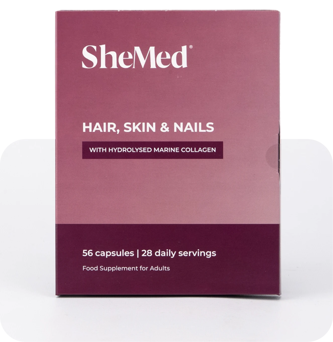 SheMed Hair, Skin & Nails supplement box with hydrolysed marine collagen, containing 56 capsules for 28 daily servings.