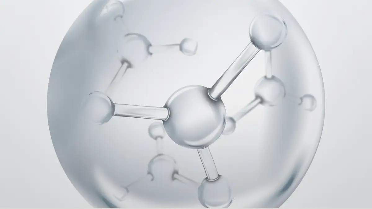 Transparent molecular structure with spherical atoms connected by cylindrical bonds inside a larger translucent sphere.