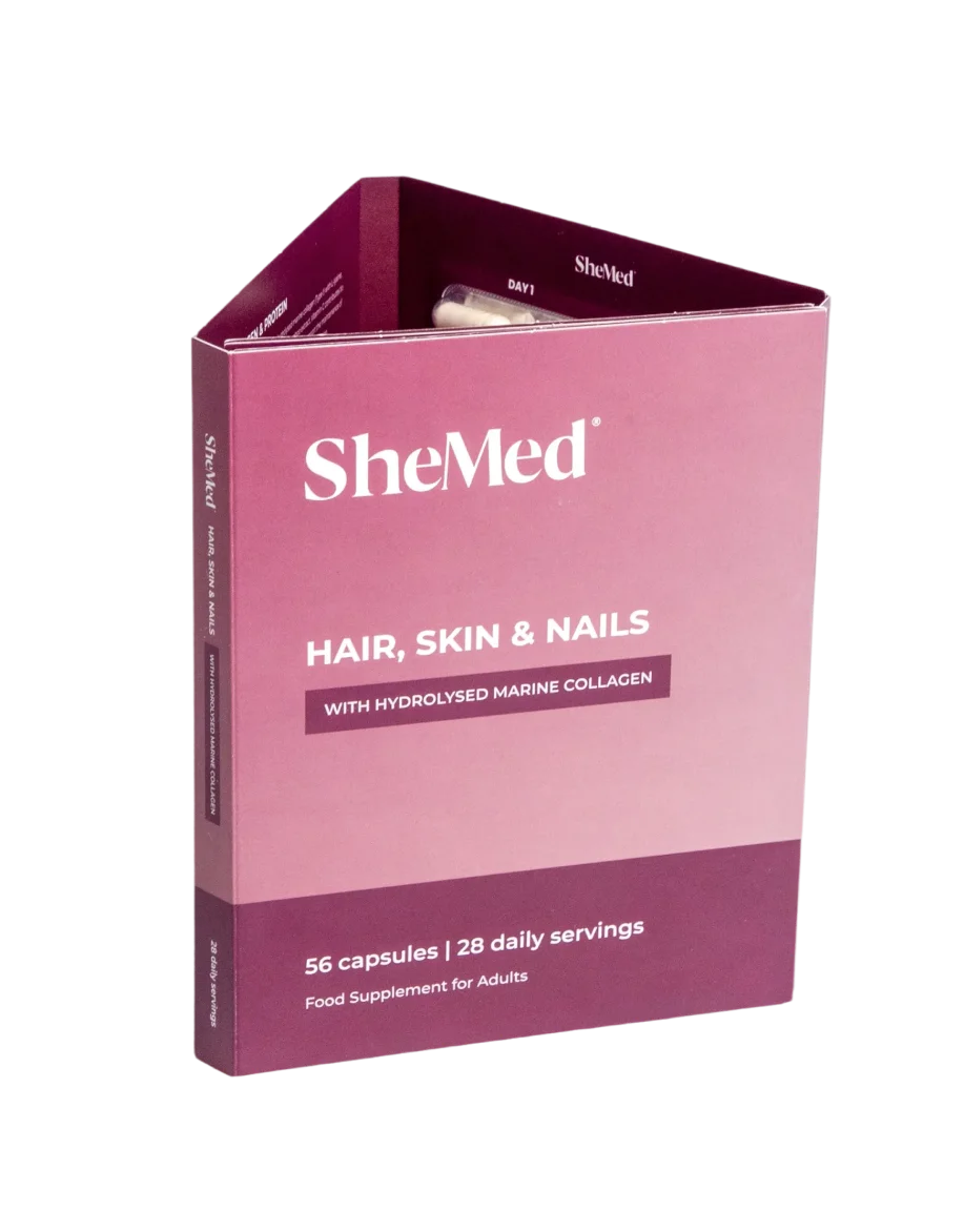 SheMed Hair, Skin & Nails supplement box containing 56 capsules with hydrolysed marine collagen for 28 daily servings.