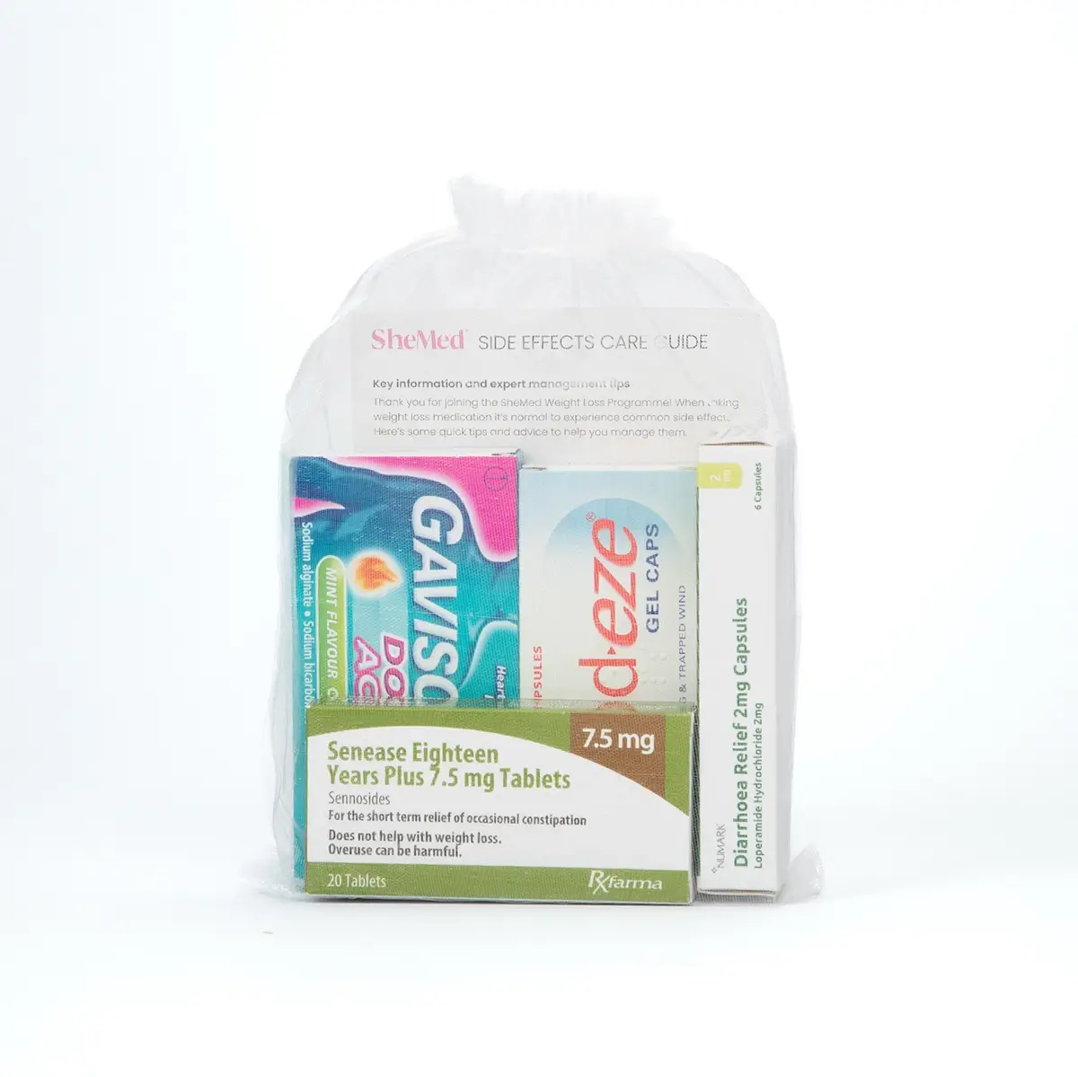 SheMed Side Effects Care Guide packet containing Gaviscon Double Action, d-eze gel caps, Senease Eighteen Years Plus 7.5 mg tablets, and Diarfhoea Relief 2 mg capsules.