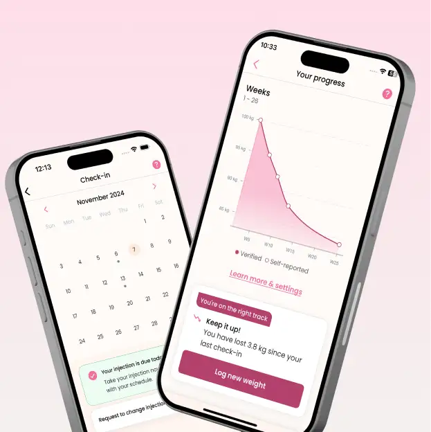 Mobile app showing a vaccination reminder and a weight progress graph tracking weight loss over weeks.