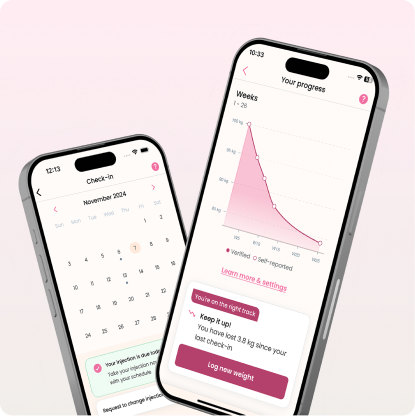 Mobile app showing a November 2024 calendar with a vaccination reminder and a weight progress graph tracking weight loss over weeks.