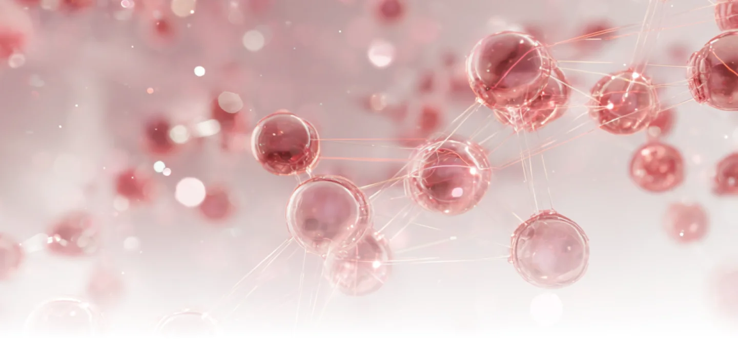 Abstract close-up of interconnected translucent pink spheres representing a molecular or network structure.