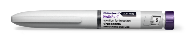 Mounjaro KwikPen 2.5 mg injection pen with adjustable dose dial.