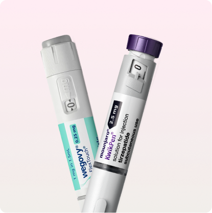 Two injectable insulin pens on a light pink background, one labeled Wegovy 0.25 mg and the other labeled Mounjaro 2.5 mg KwikPen.