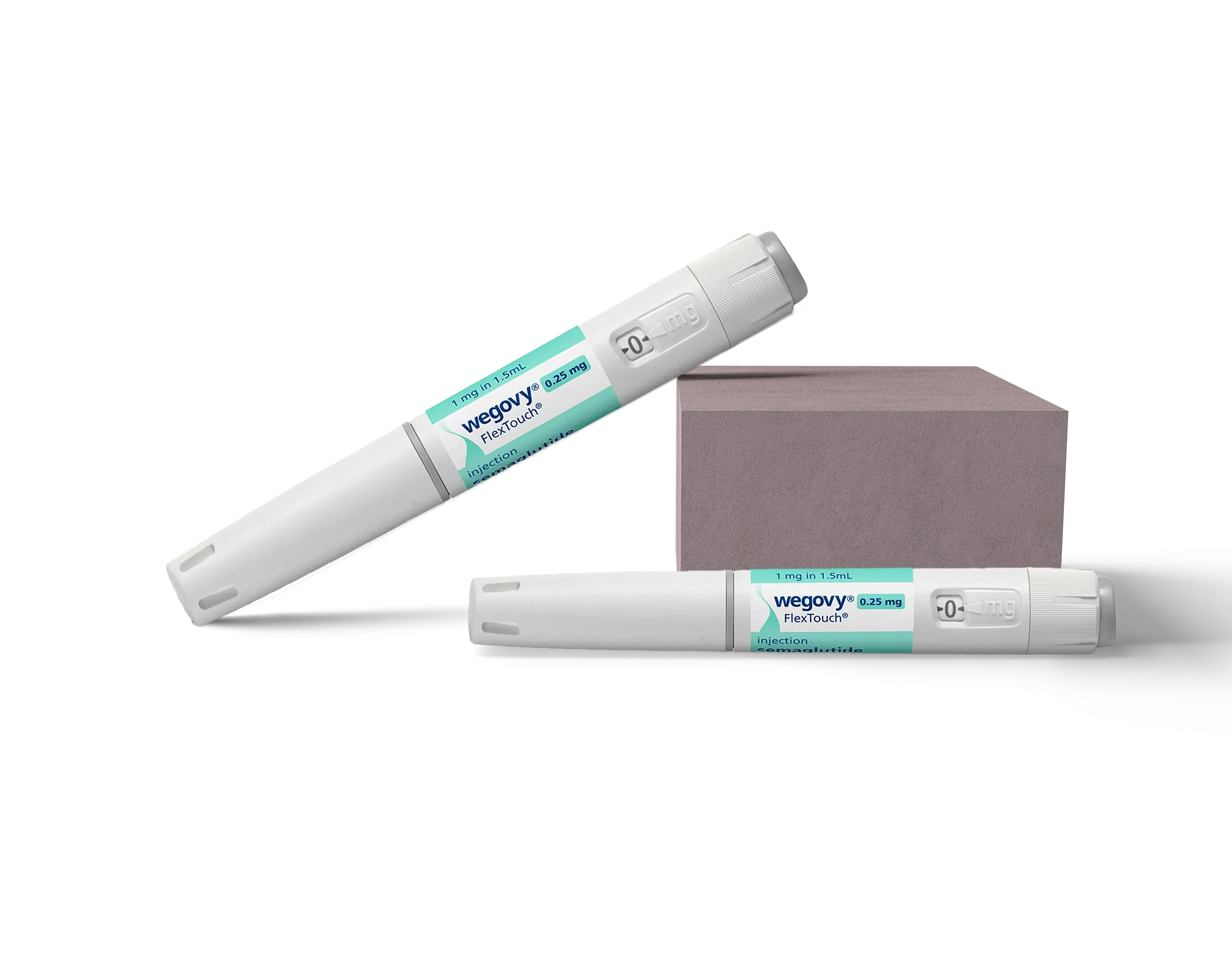 Two Wegovy FlexTouch 0.25 mg injection pens, one lying flat and one angled with a brown rectangular block.