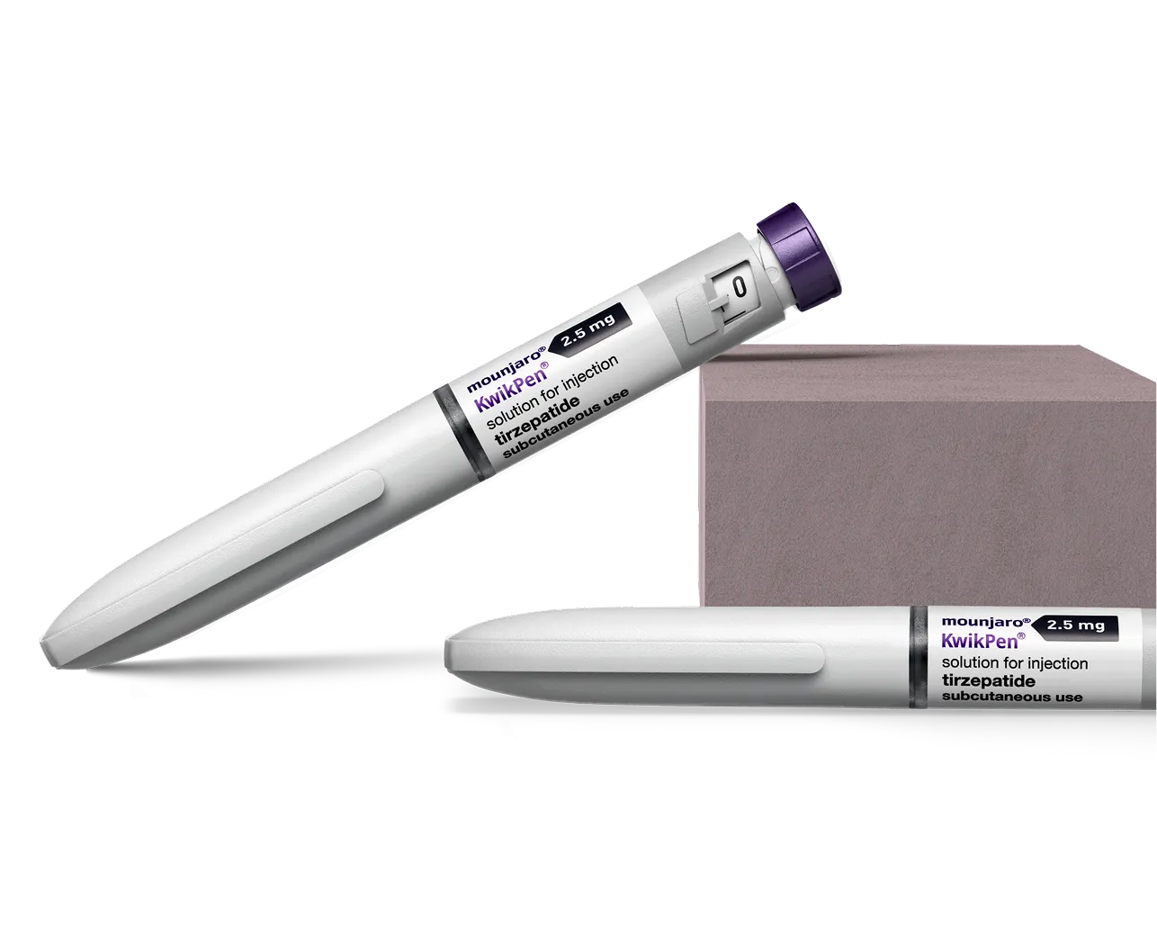 Two Mounjaro KwikPen injection devices labeled 2.5 mg tirzepatide solution for subcutaneous use.