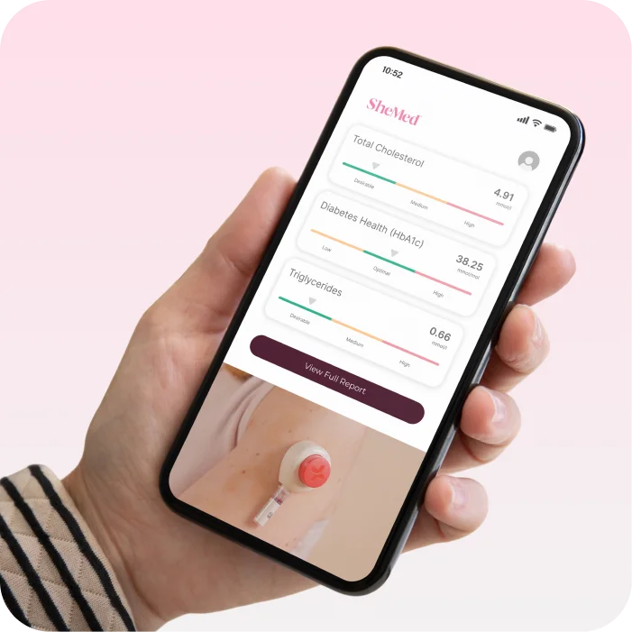 Hand holding smartphone showing blood test results for cholesterol, diabetes health, and triglycerides with a button to view full report and image of a medical port on a patient's chest.