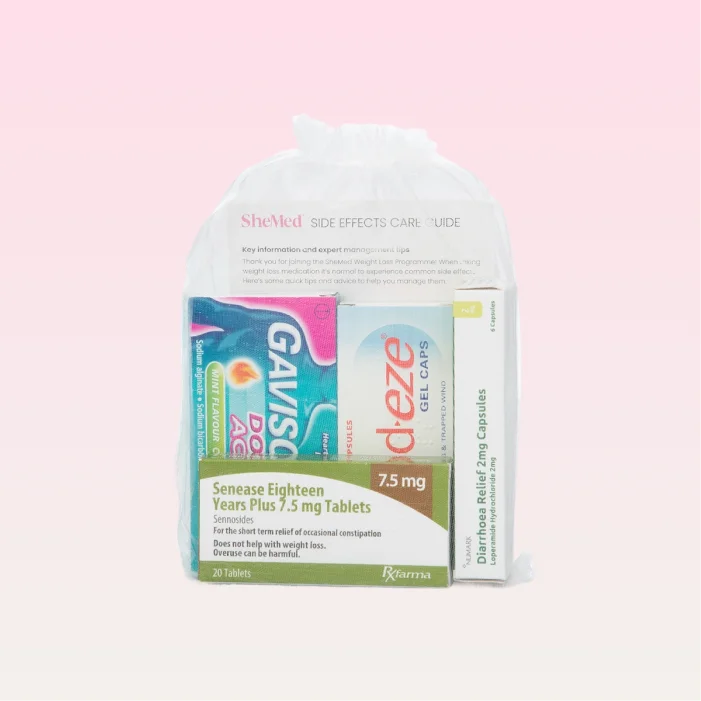 White drawstring bag containing packs of Gaviscon Double Action, Deze gel caps, Senease Eighteen Years Plus 7.5 mg tablets, and Diarrhoea Relief 2 mg capsules.