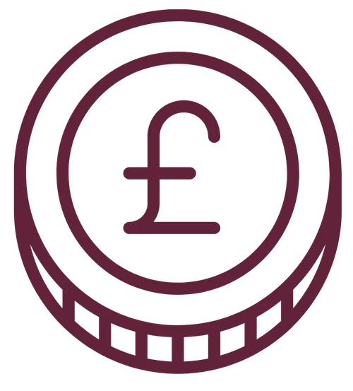 Burgundy outline illustration of a British pound coin with the pound currency symbol in the center.