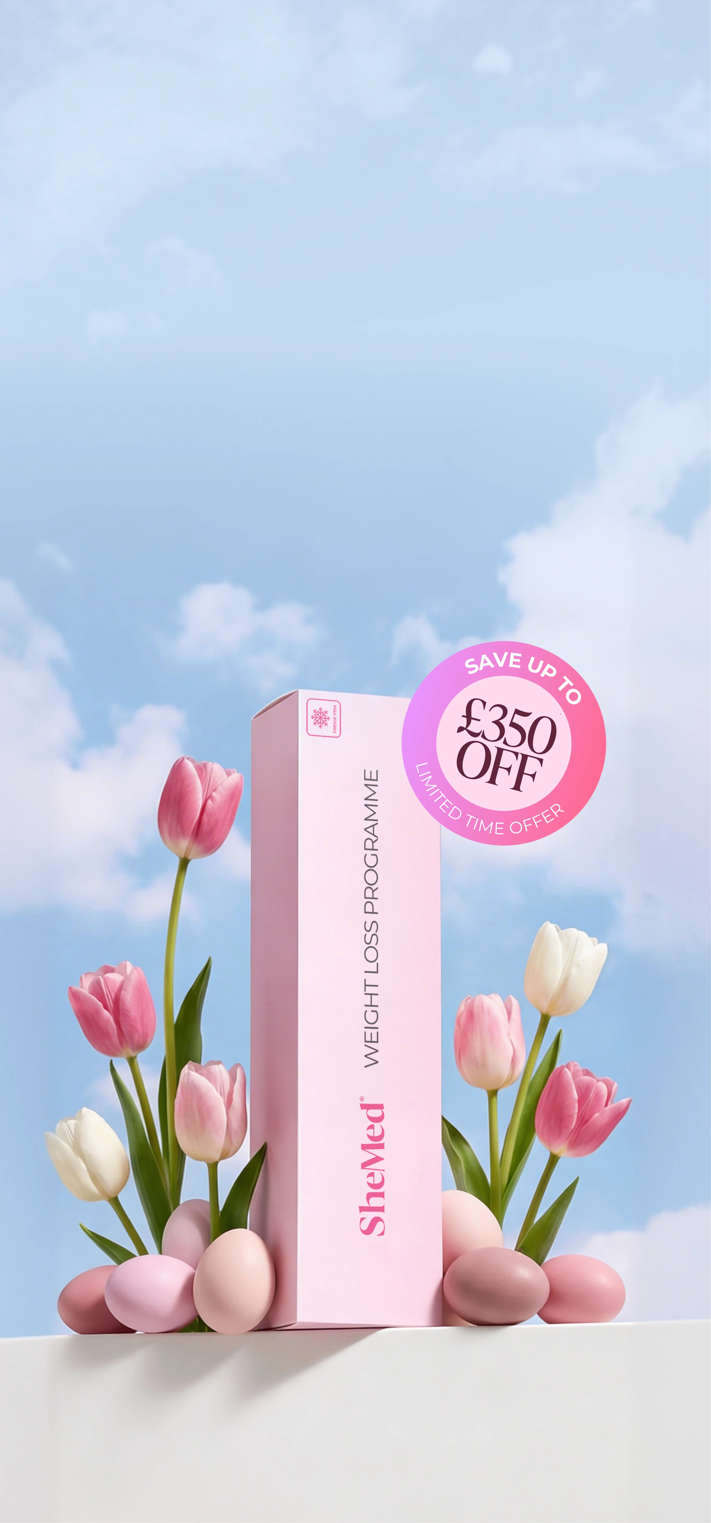 Pink SheMed weight loss programme box surrounded by pink and white tulips. daisies and easter eggs against a blue sky, with £175 off label.