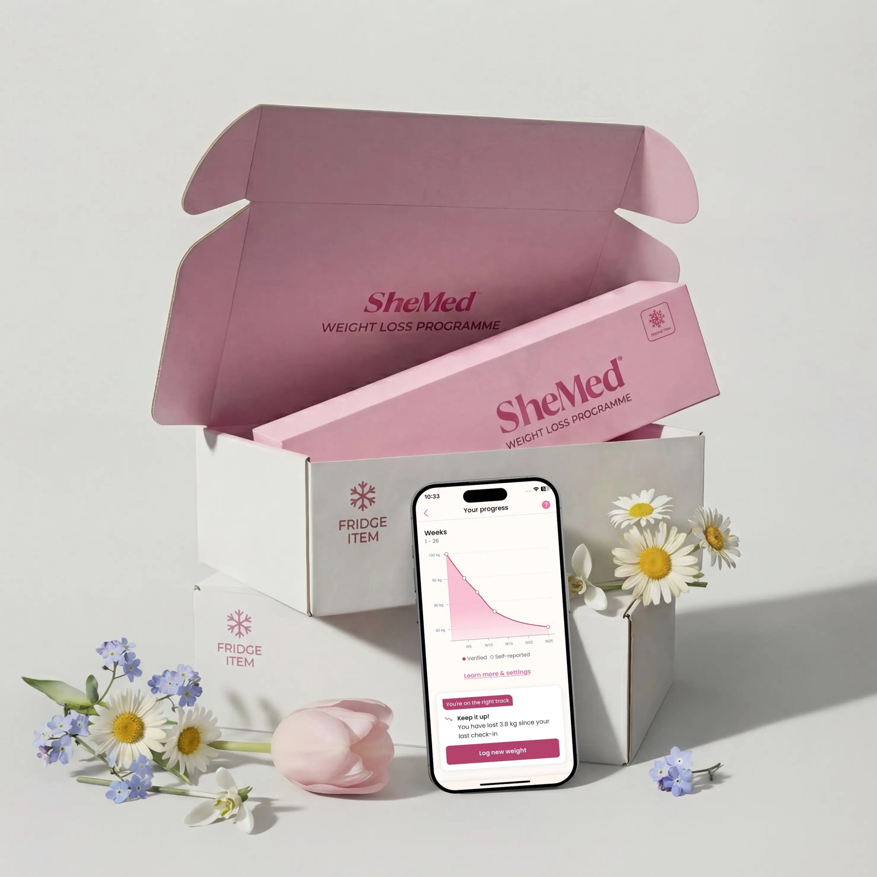 SheMed weight loss programme packaging with a smartphone displaying weight loss progress graph, surrounded by flowers.