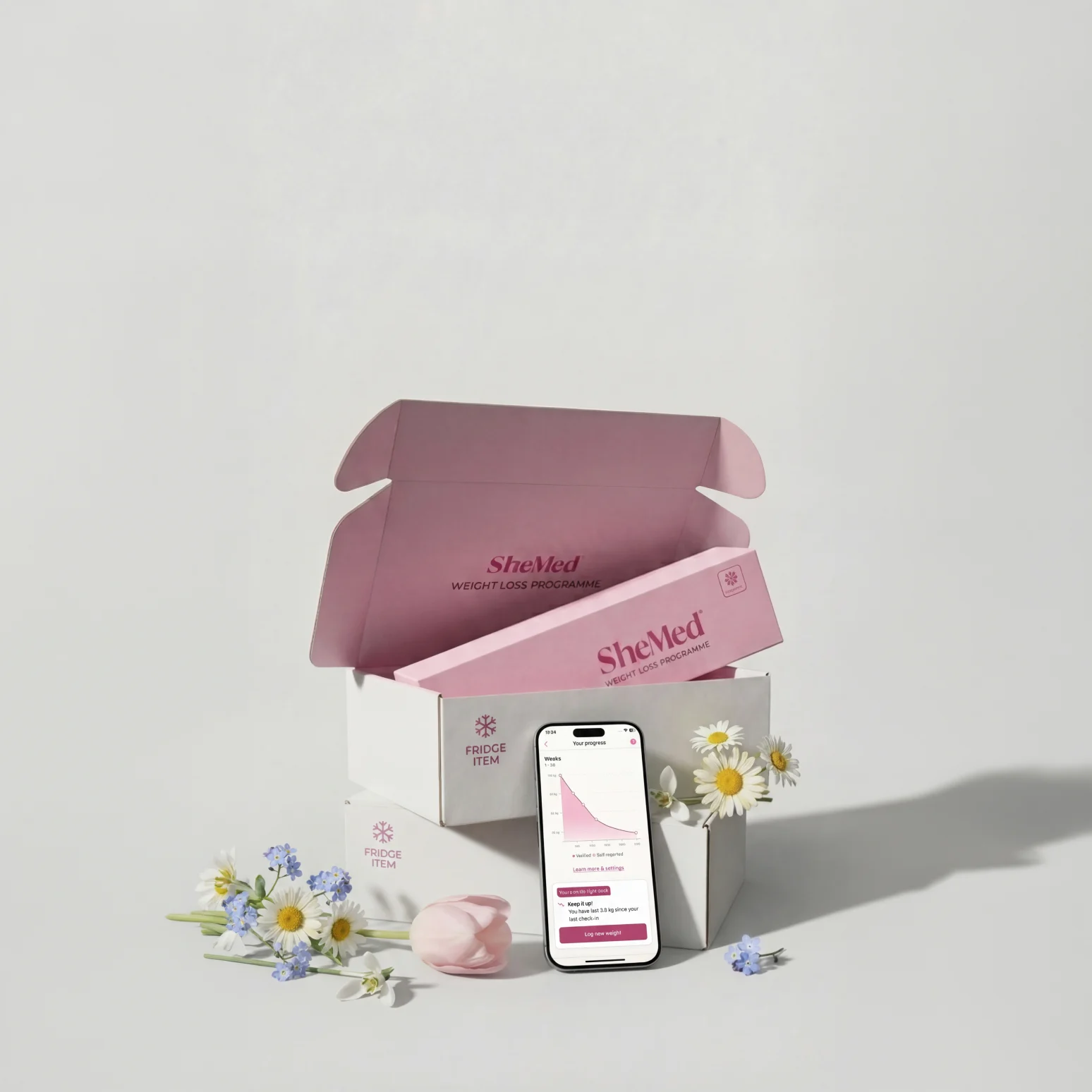 SheMed weight loss programme packaging with a smartphone displaying weight loss progress graph, surrounded by flowers.