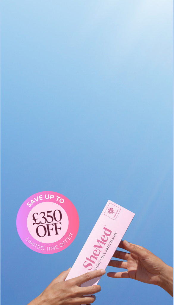 Two hands exchanging a pink SheMed Weight Loss Programme box against a blue sky background