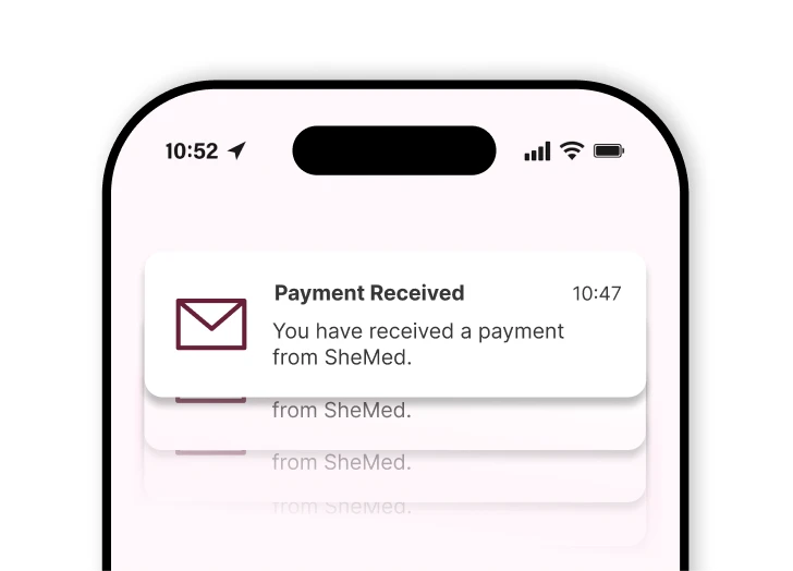 Smartphone screen showing a notification that says 'Payment Received: You have received a payment from SheMed' with a mail icon.