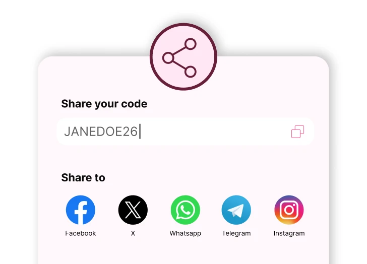 Interface for sharing code JANEDOE26 with icons for Facebook, X, WhatsApp, Telegram, and Instagram.