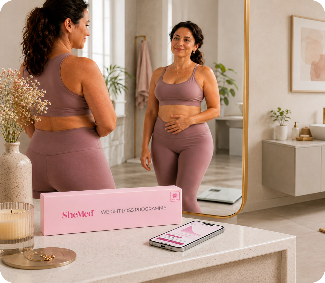 Woman in mauve workout clothes looking at her reflection in a mirror, with a SheMed weight loss kit and phone on the counter.