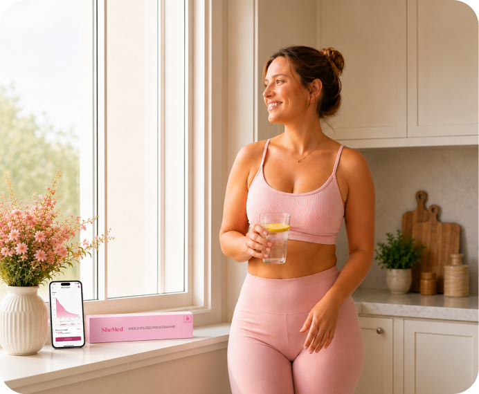 Woman in pink workout clothes stands in kitchen holding a glass of lemon water and smiling near window.