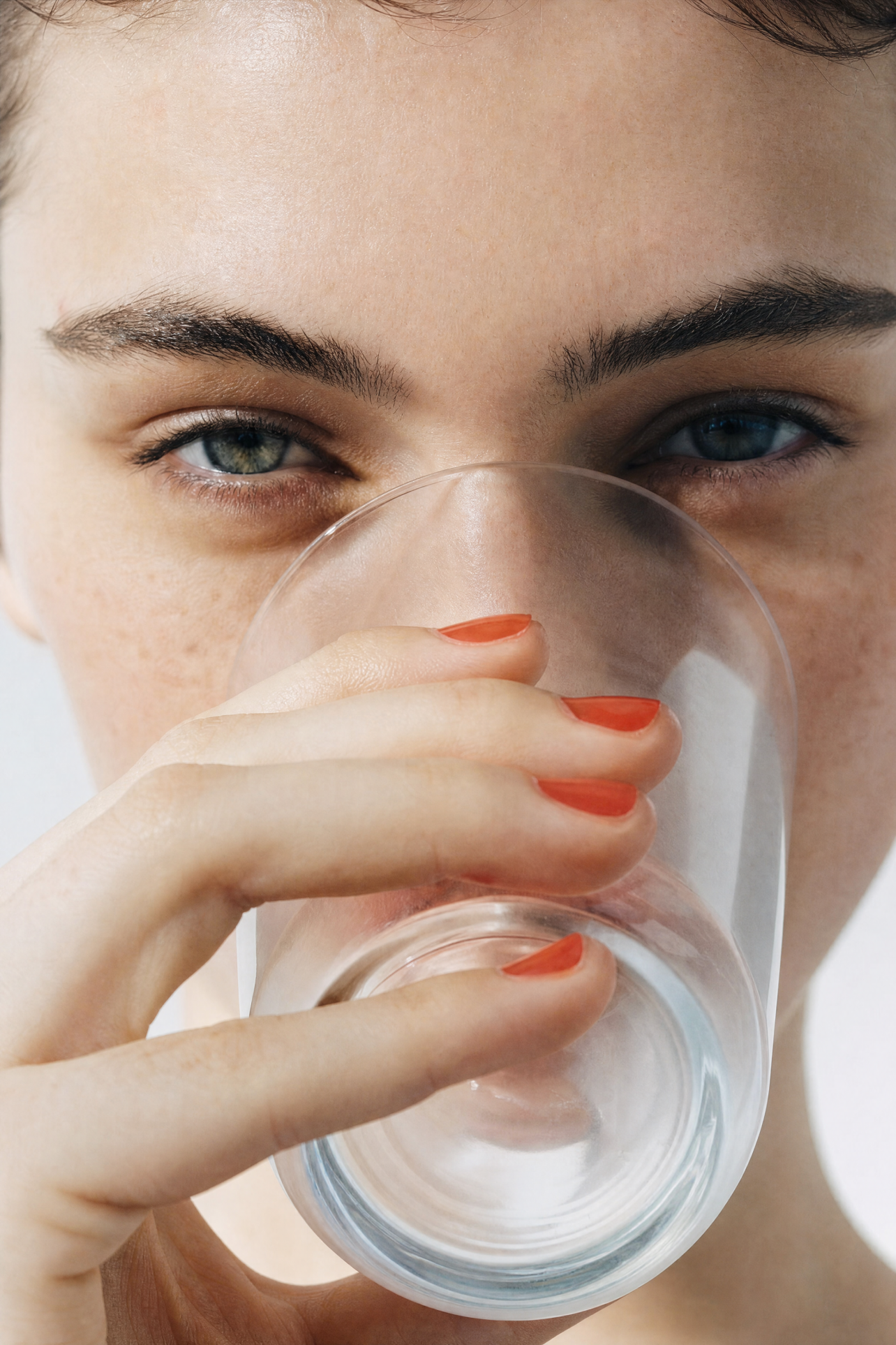 Close-up of a person with red nail polish holding a glass of water near their face.