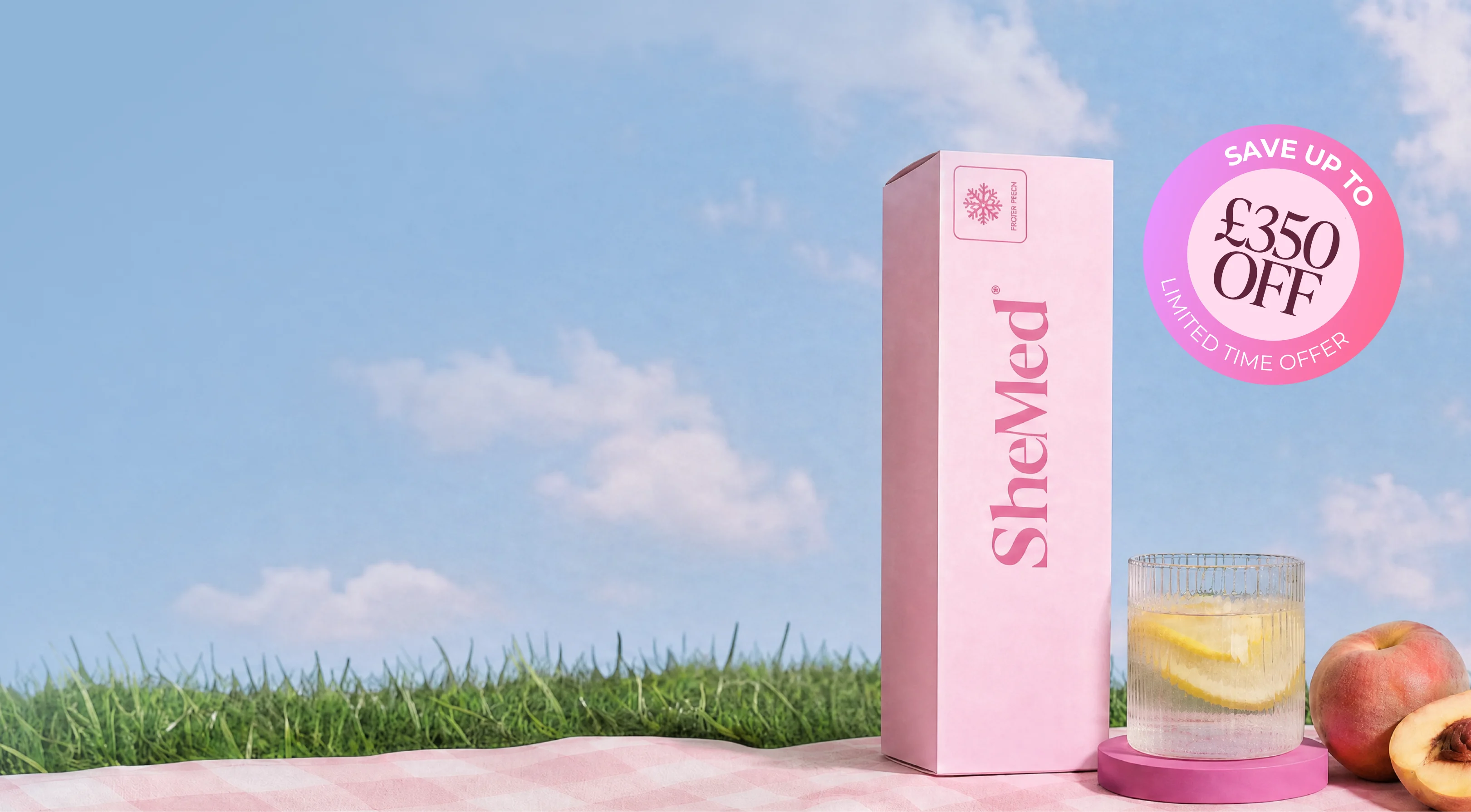 Filename:
shemed-weight-loss-programme-packaging-healthy-lifestyle-summer-sale-offer.webp
Alt text description:
A pink SheMed weight loss programme box alongside a glass of lemon water and fresh peaches on grass under a blue sky, promoting SheMed's summer sale offer on the UK's leading clinician-led weight loss programme for women.