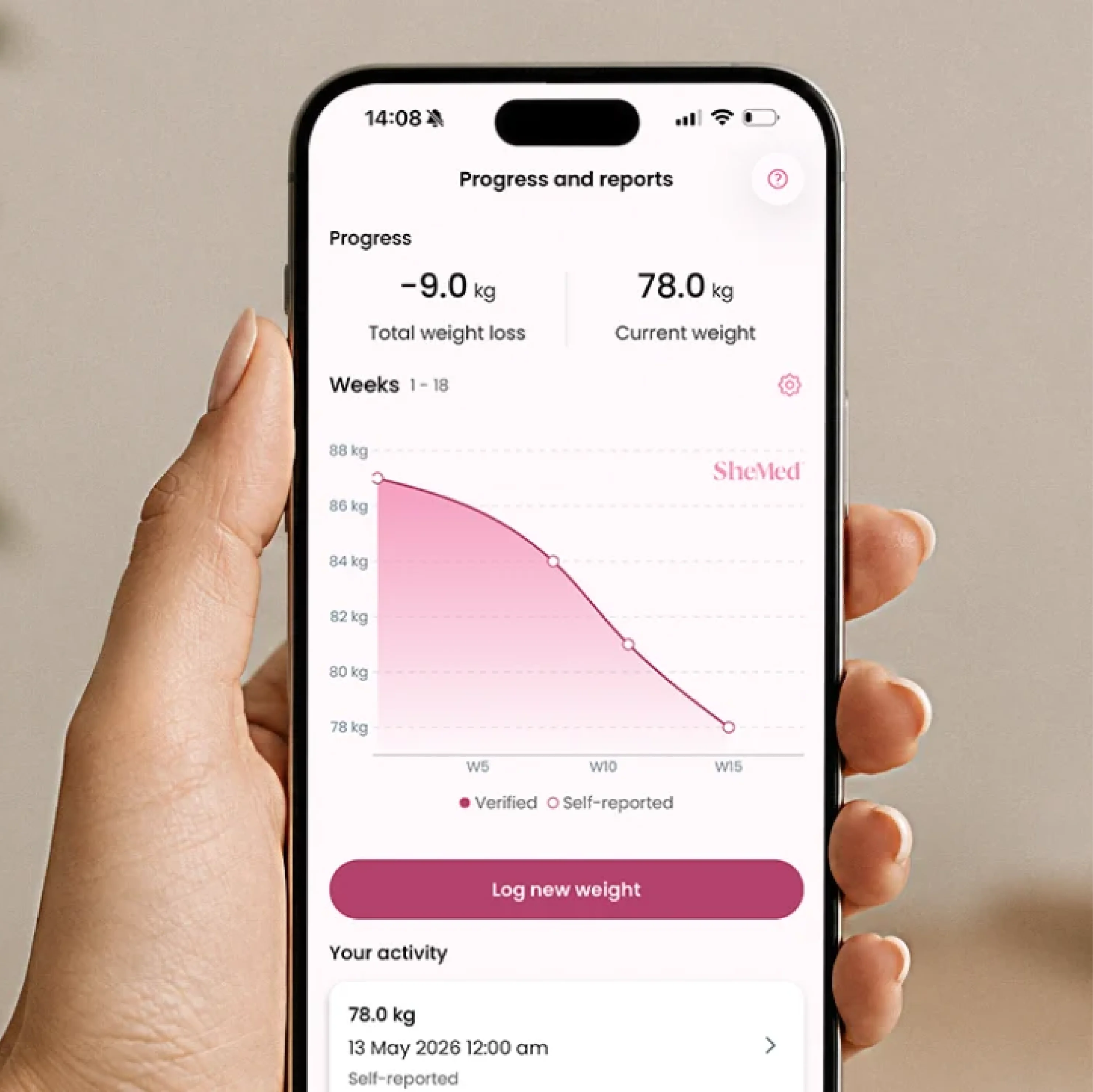 A woman's hand holding a smartphone displaying the SheMed app weight loss progress tracker, showing a total loss of 9kg and a current weight of 78kg, demonstrating real patient results tracked through the SheMed clinician-led weight loss programme.