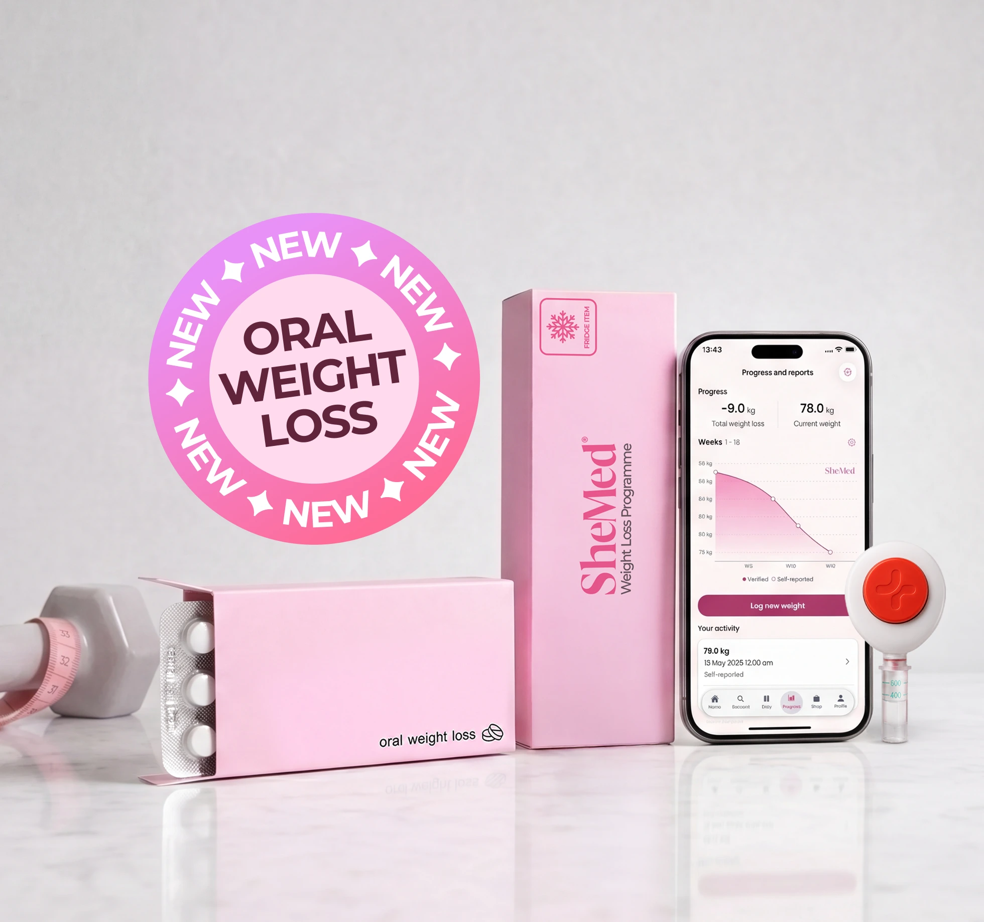 SheMed oral weight loss programme packaging alongside daily medication treatment and a smartphone displaying a personalised weight loss progress graph, showing the all-in-one clinician-led programme for UK women.
