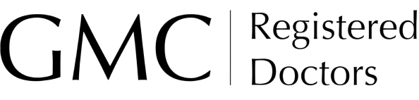 GMC Registered Doctors logo with black text on a transparent background.