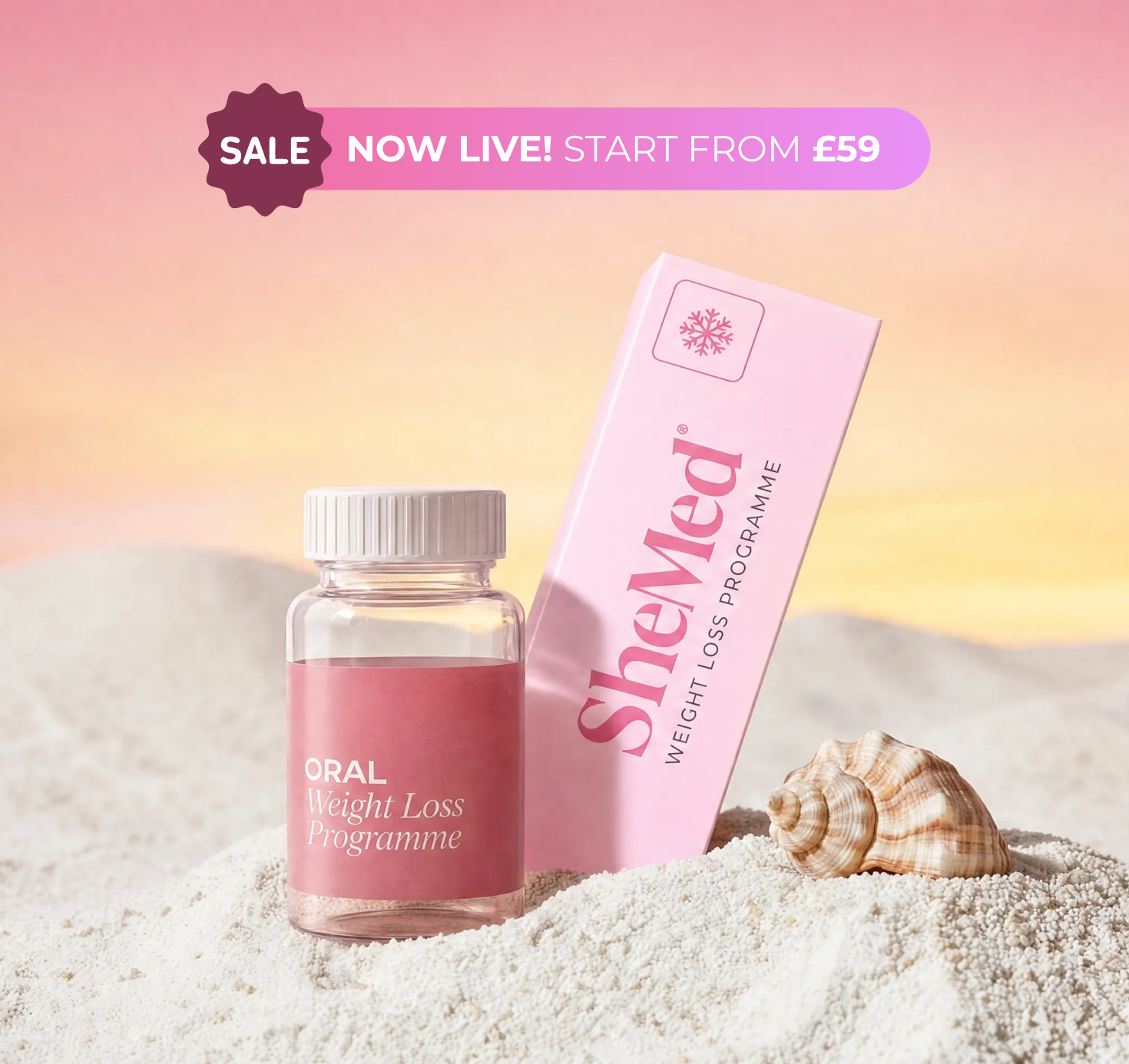 SheMed Oral Weight Loss Programme bottle and box on white sand with seashell, sale banner above.