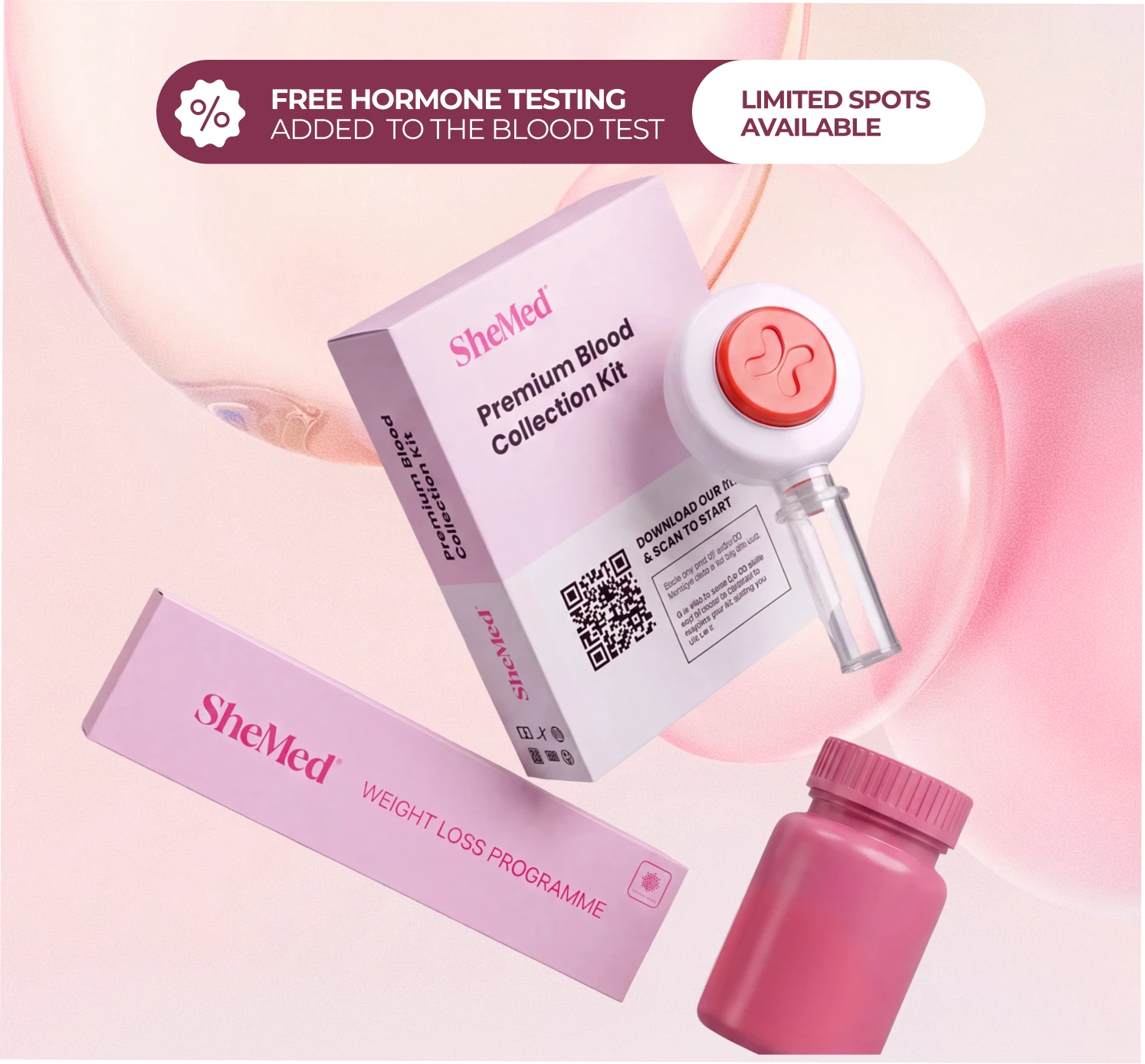 SheMed Premium Blood Collection Kit, Weight Loss Programme box, and pink pill bottle with a red cap.