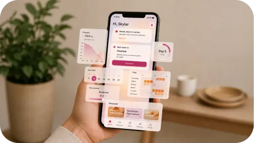 Hand holding smartphone showing female health tracking app interface with progress, cycle, and tips.