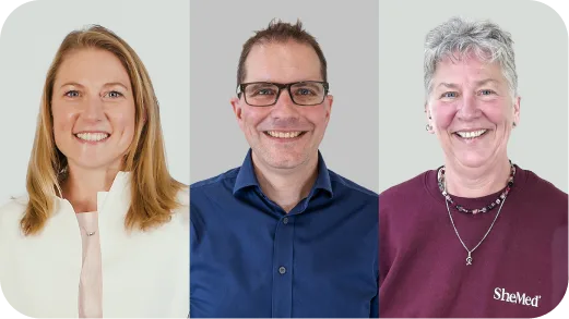 Headshots of three smiling adults side by side against gray backgrounds.