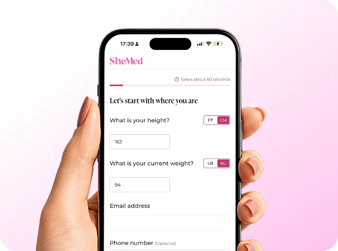 Woman taking the SheMed eligibility quiz on her phone.