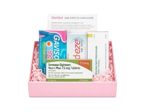 Side-effect care package, sharps bin and welcome guides.