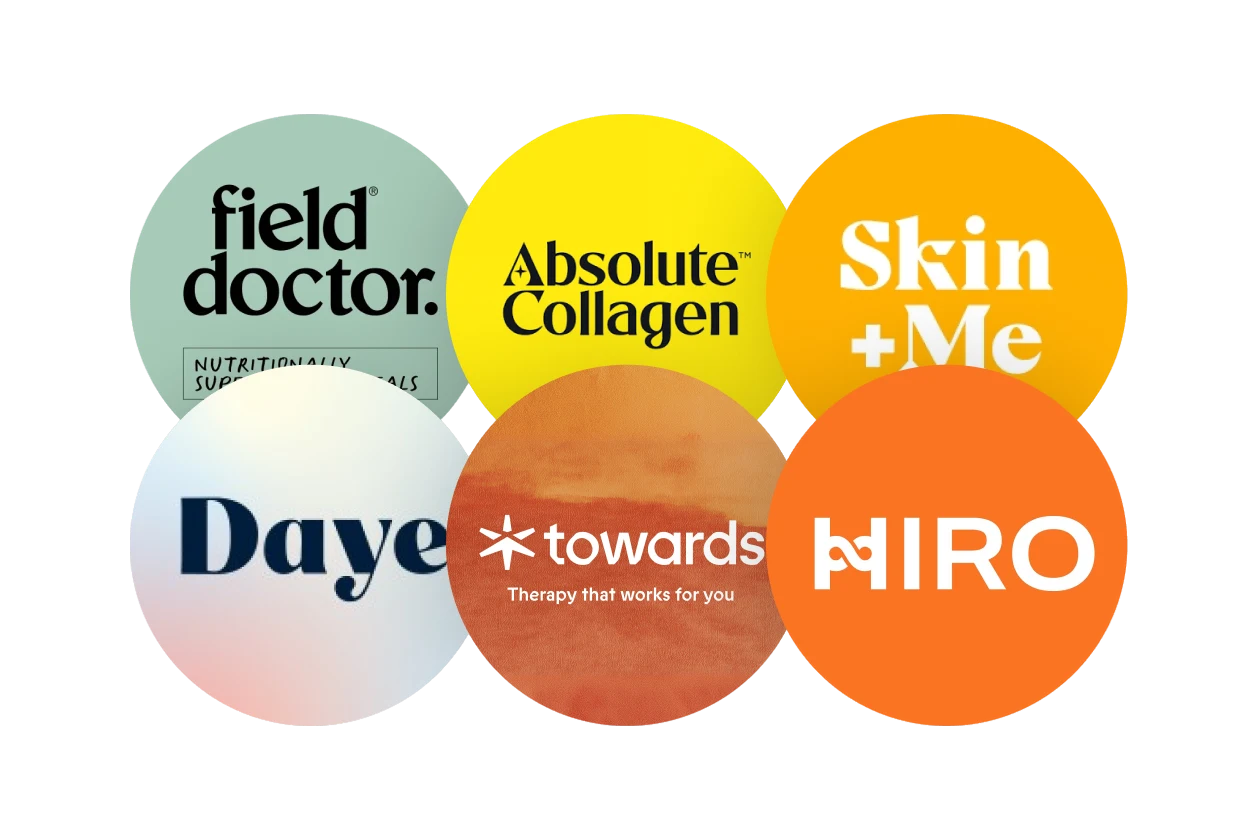 SheMed partner brands: Field Doctor, Absolute Collagen, Skin + Me, Daye, Towards, Hiro.