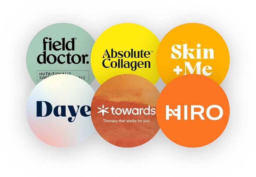 SheMed partner brands: Field Doctor, Absolute Collagen, Skin + Me, Daye, Towards, Hiro.