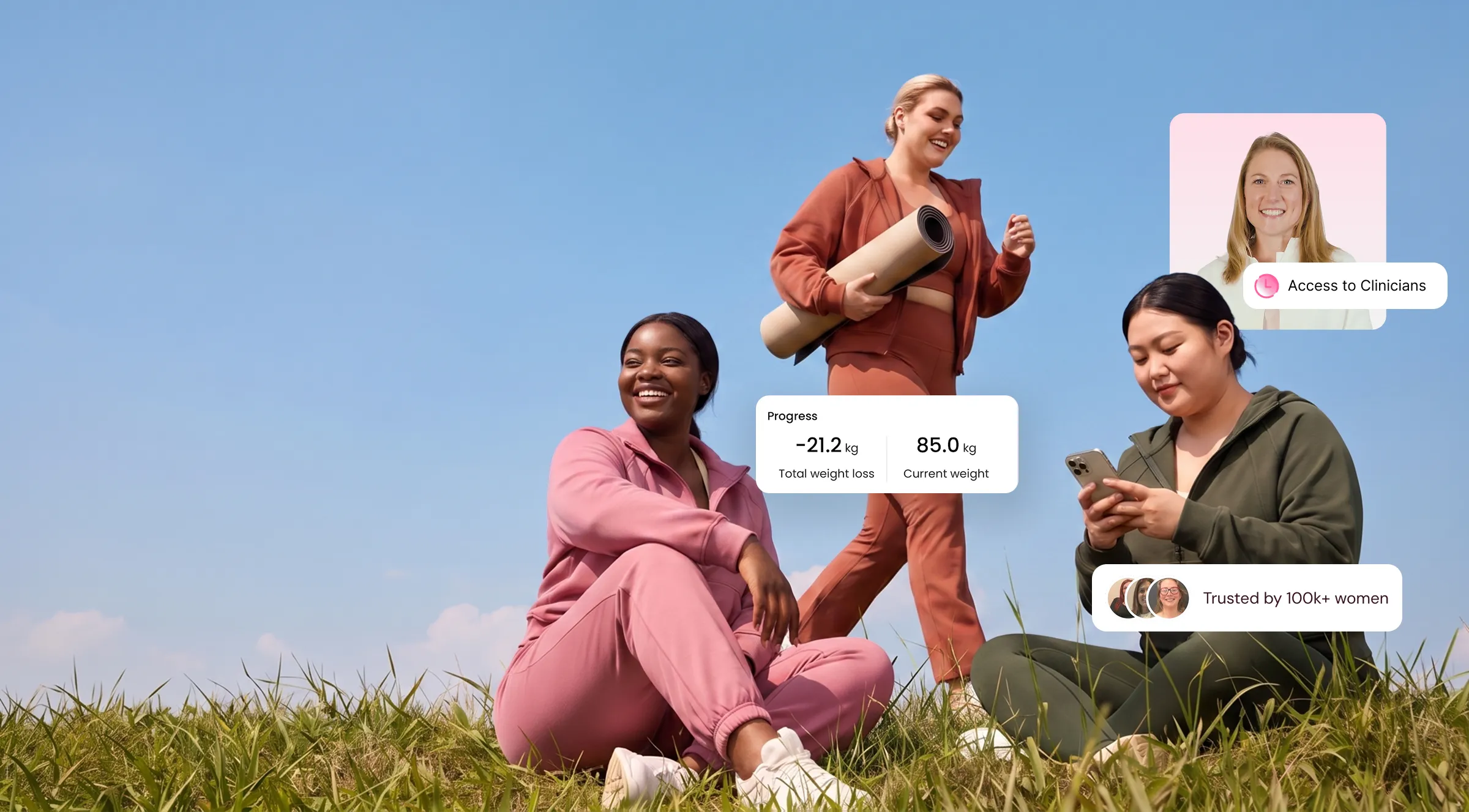 Two women in activewear checking their SheMed progress on their phones