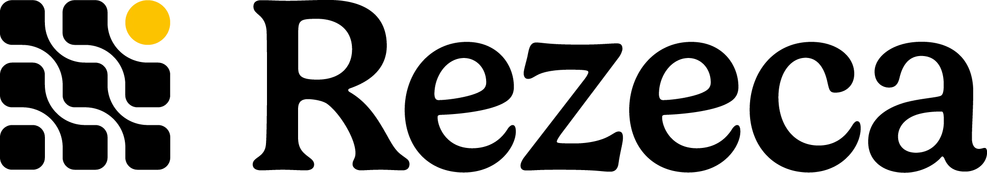 Rezeca brand logo with stylized black text and a yellow dot above the first letter.