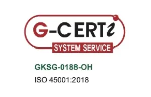 G-CERT System Service logo with certification code GKSG-0188-OH and ISO 45001:2018 standard.