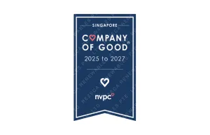 Blue banner with text 'Singapore Company of Good 2025 to 2027' and NVPC logo with heart symbol.
