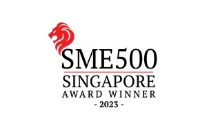 SME500 Singapore Award Winner 2023 badge with a red lion head symbol.