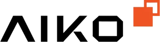 AIKO logo with stylized orange squares on top right.