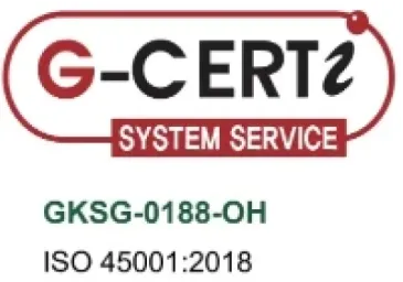 G-CERT system service logo with certification code GKSG-0188-OH and ISO 45001:2018 standard.