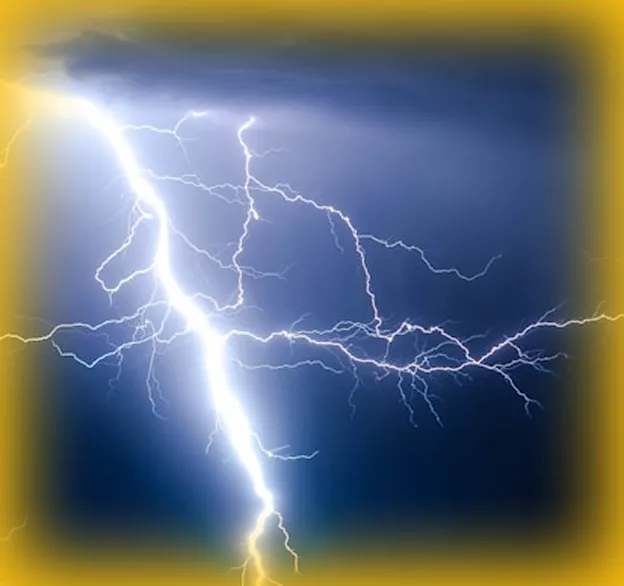 Bright lightning bolt striking against a dark blue stormy sky with additional branching lightning.