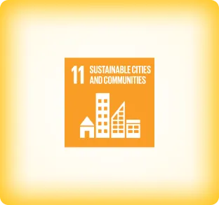 Icon with buildings and a house labeled '11 Sustainable Cities and Communities' representing the UN Sustainable Development Goal.