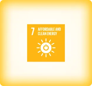 United Nations Sustainable Development Goal 7 icon with text 'Affordable and Clean Energy' and a sun power button symbol on an orange square background.