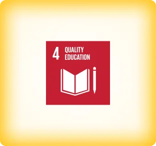 UN Sustainable Development Goal 4 icon featuring an open book and pencil on a red background with the text 'Quality Education'.