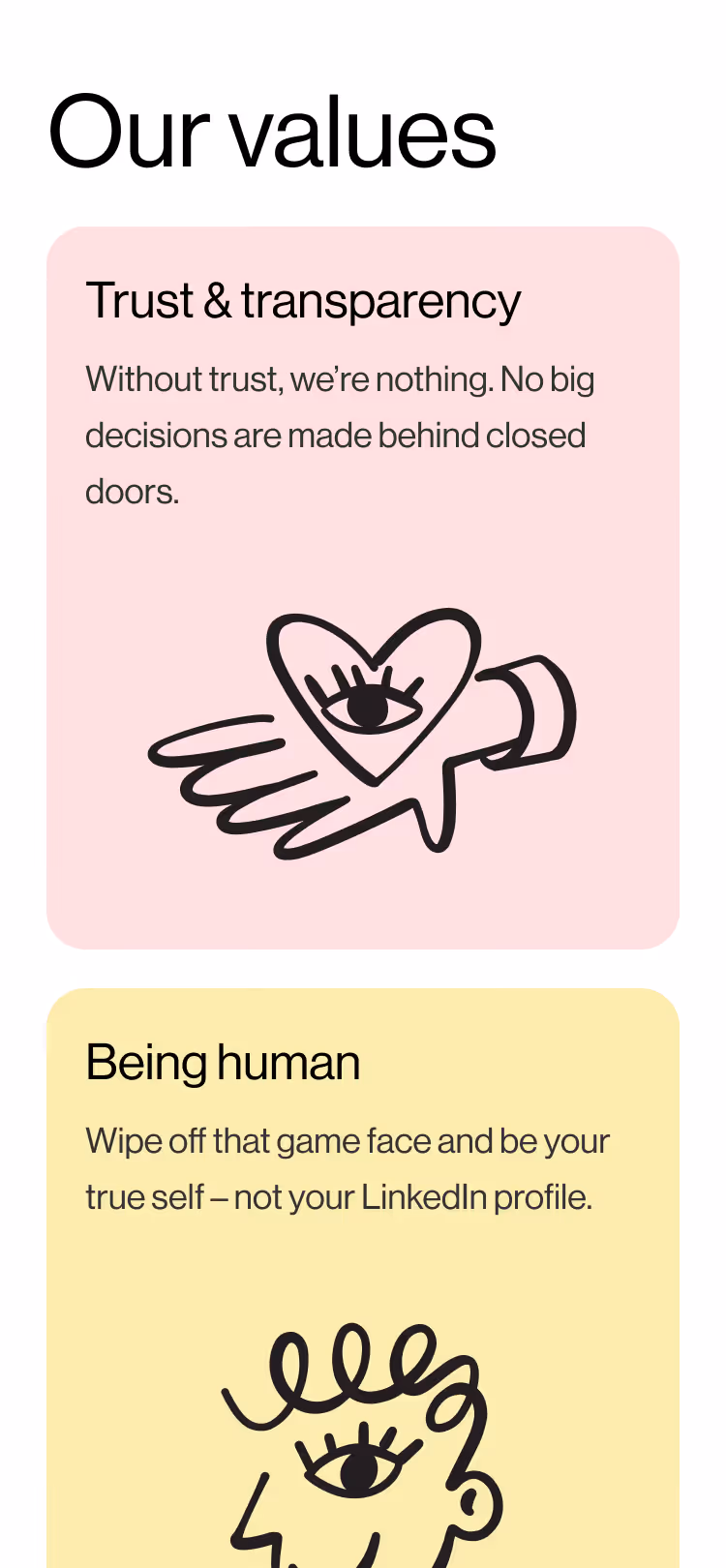An image of the values section on mobile